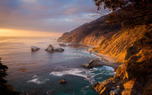 Rocky coastline sunset waves autumn free wallpaper - medium preview image