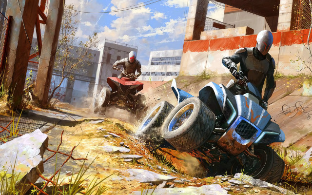 Man fourwheeler motorcycle city destruction free wallpaper - medium preview image