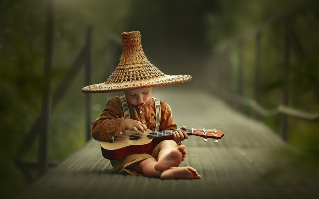 Boy guitar strawhat nature sitting free wallpaper - medium preview image