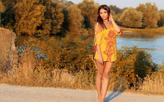 Woman yellow dress river phone free wallpaper - medium preview image