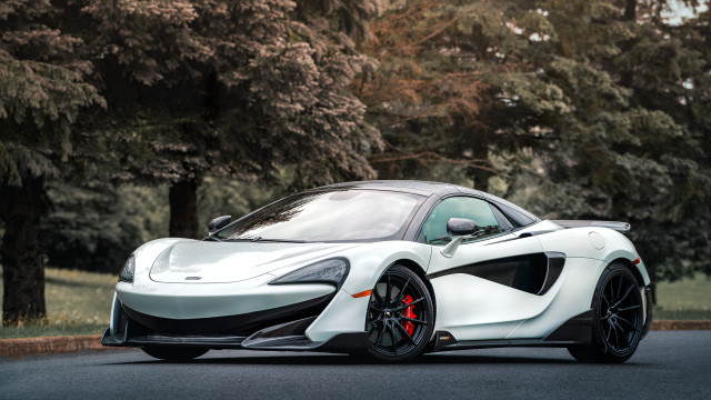 White sports car forest road free wallpaper - medium preview image