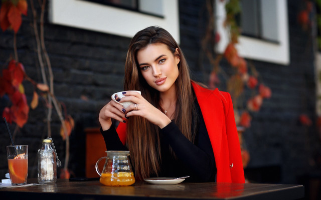Woman sitting cafe tea cellphone free wallpaper - medium preview image
