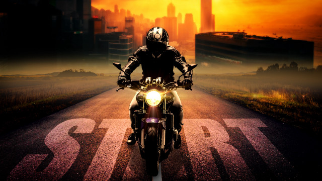Man motorcycle cityscape orange sky free wallpaper - medium preview image