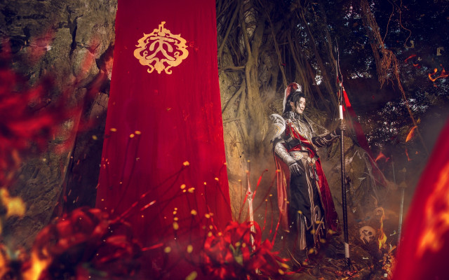 Fantasy armor man red flag free wallpaper - medium preview image