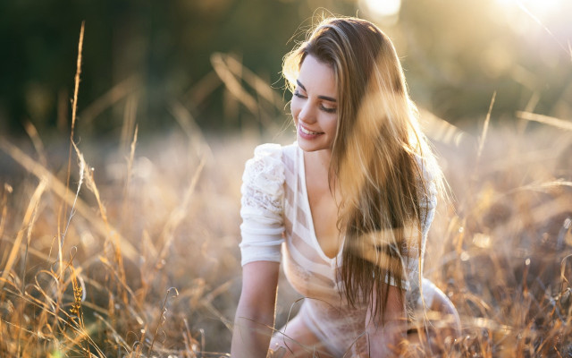 Woman field smiling blonde wind free wallpaper - medium preview image