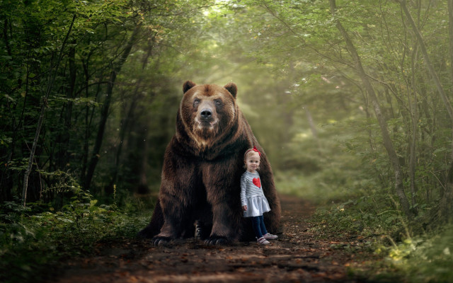 Young girl bear forest illustration free wallpaper - medium preview image