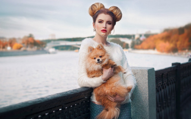 Woman dog bridge river photorealistic free wallpaper - medium preview image