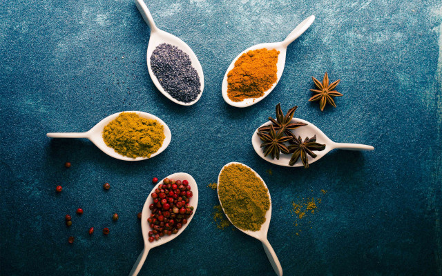 Spoons spices blue surface scattered free wallpaper - medium preview image