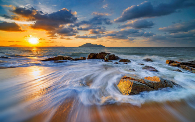 Sunset ocean waves rocks mountain #2 free wallpaper - medium preview image