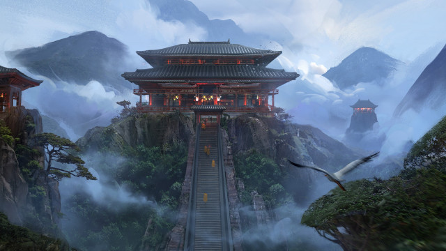 Mountain pagoda stairway flying bird free wallpaper - medium preview image