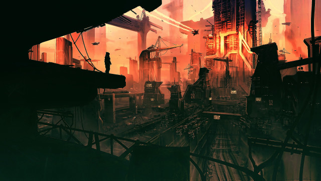 Futuristic city man platform sunset free wallpaper - medium preview image