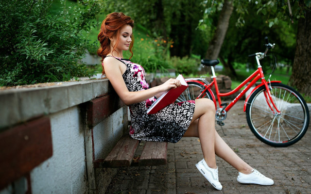 Woman bench reading bike tree free wallpaper for desktop - medium preview image