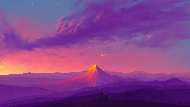 Mountain sunset purple sky cityscape free wallpaper - medium preview image