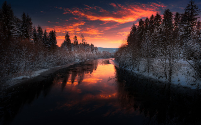 River sunset trees snow forest free wallpaper - medium preview image
