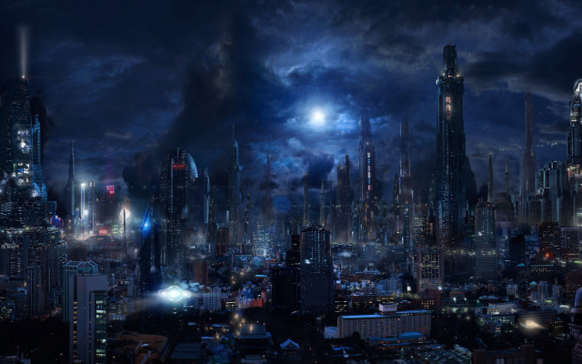 Night city moon aurora skyline free wallpaper - medium preview image