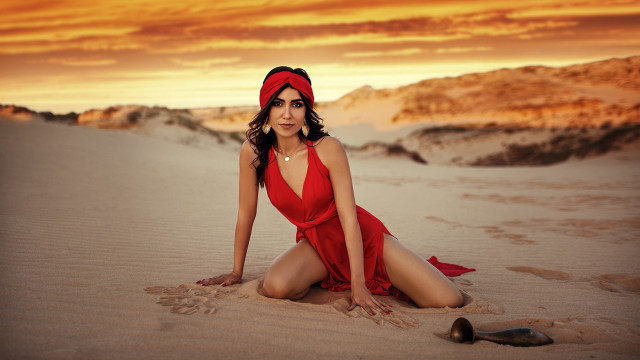 Woman red dress beach sunset #5 free wallpaper - medium preview image