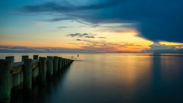 Pier lake sunset clouds bird free wallpaper - medium preview image