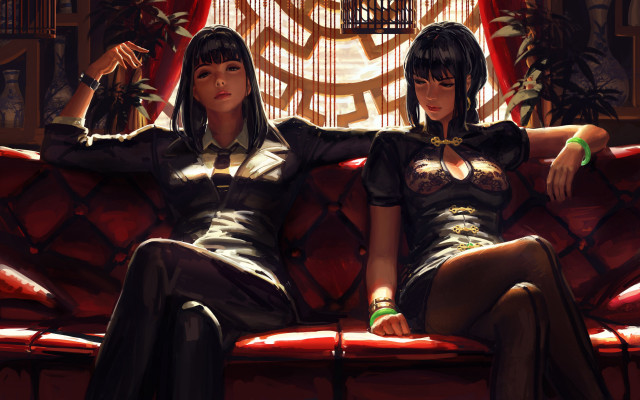 Red couch two women fantasy free wallpaper - medium preview image