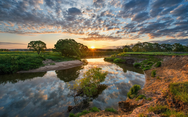 River sunset clouds grassy trees free wallpaper - medium preview image