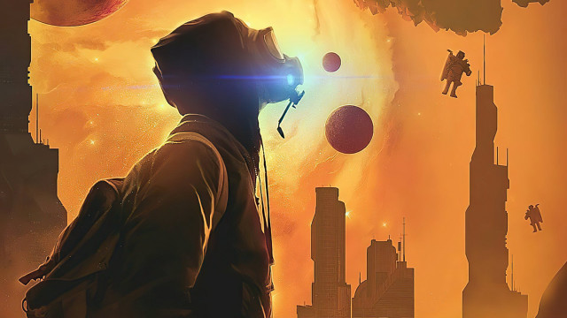 Futuristic man cityscape explosion sunset free wallpaper - medium preview image