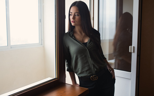 Woman window wooden table jewelry free wallpaper - medium preview image