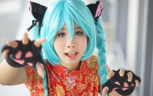 Blue haired girl cat ears free wallpaper - medium preview image