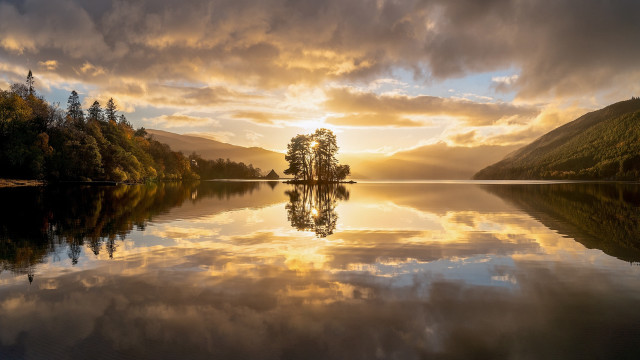 Lake tree sunset clouds bridge free wallpaper - medium preview image