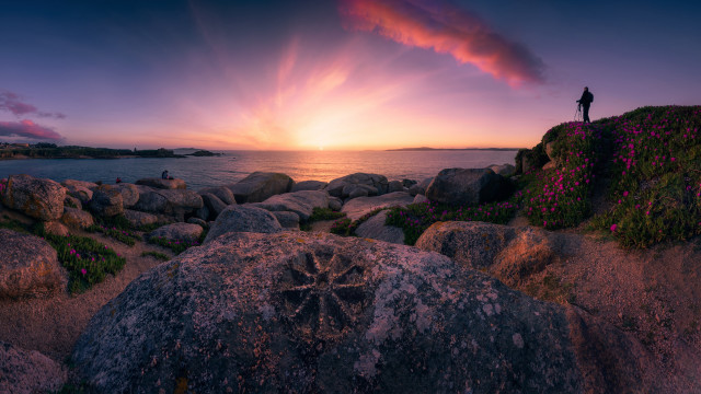 Rocky shore sunset pink clouds free wallpaper - medium preview image