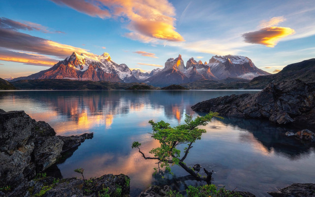 Tree water mountains sunset clouds free wallpaper - medium preview image
