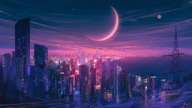 Cityscape moon pink sky aurora free wallpaper - medium preview image