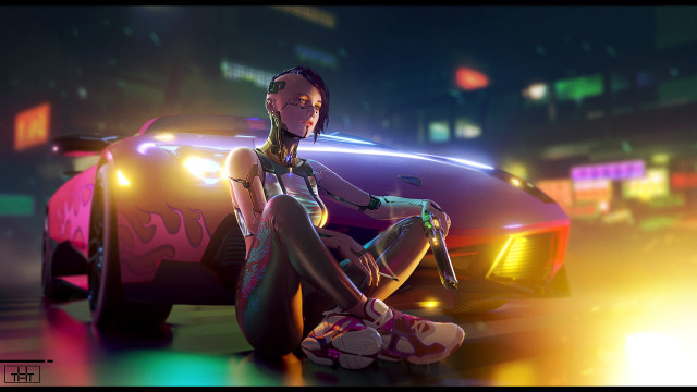 Woman sitting neon city cyberpunk free wallpaper - medium preview image