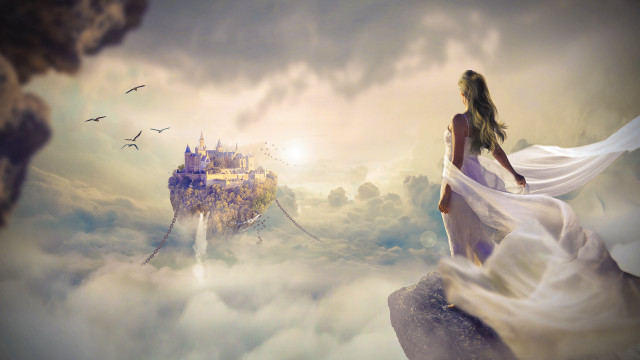 Woman white dress cliff castle free wallpaper - medium preview image