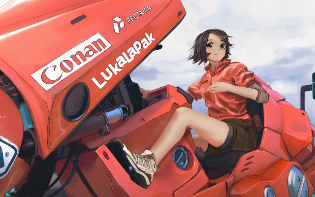 Woman redvehicle scooter outdoors cyberpunk free wallpaper - medium preview image