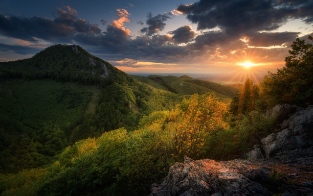 Sunset mountain forest sky clouds free wallpaper - medium preview image