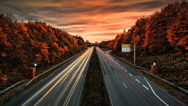Highway red sky autumn trees free wallpaper - medium preview image
