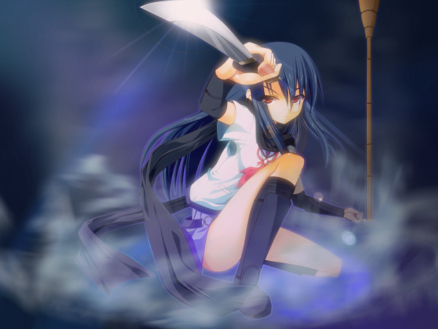 Woman holding knife sitting cloud free wallpaper - medium preview image