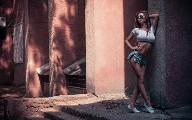 Woman white shirt blue shorts #3 free wallpaper - medium preview image