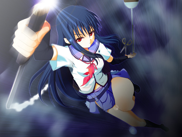 Anime girl sword light behind free wallpaper for desktop - medium preview image