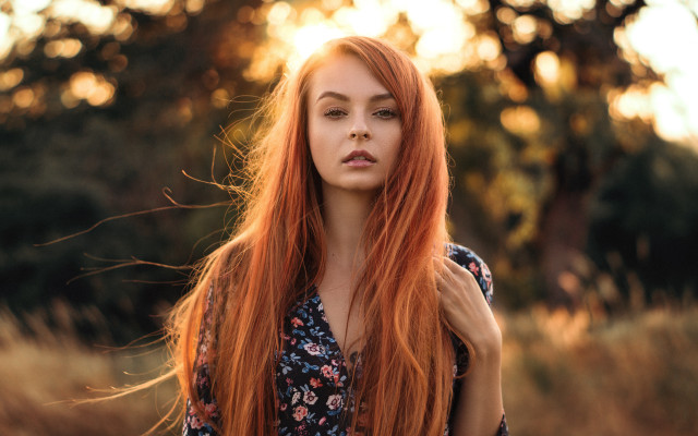 Red haired woman field bokeh free wallpaper - medium preview image