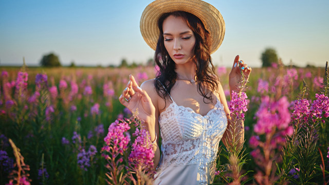 Woman hat flower field portrait free wallpaper - medium preview image