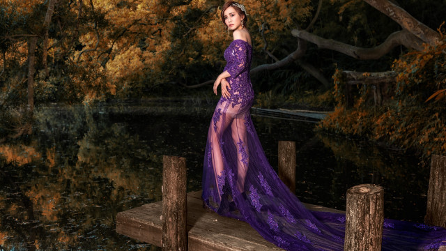Woman purple dress dock lake free wallpaper - medium preview image