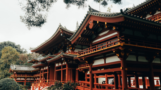 Red white architecture shrine trees free wallpaper - medium preview image