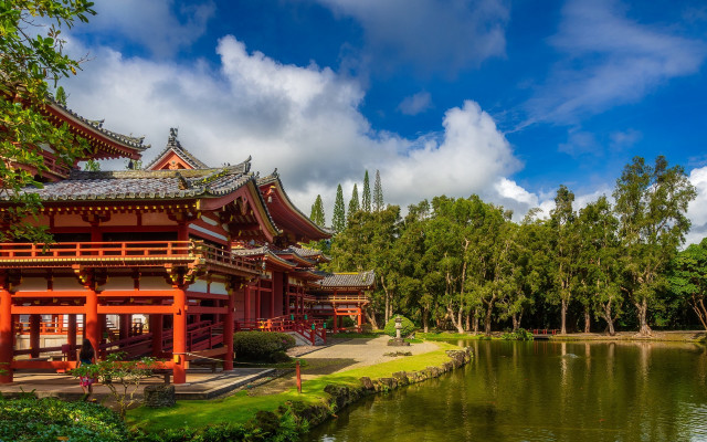 Pond building clouds trees architecture free wallpaper - medium preview image