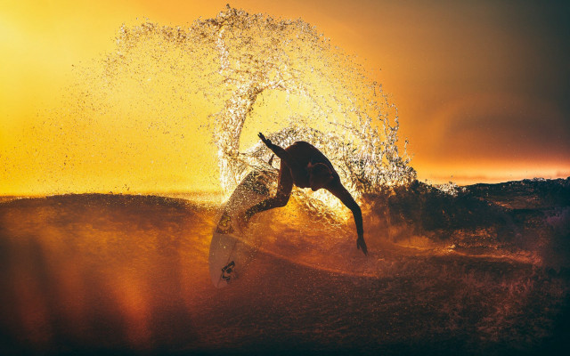 Surfer wave ocean sunset photorealistic free wallpaper - medium preview image