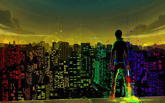 Cyberpunk cityscape ledge neon ruins free wallpaper - medium preview image