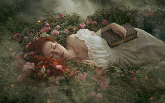 Woman laying green field flowers free wallpaper - medium preview image