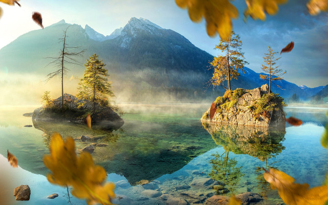 Lake island mountain autumn scenery free wallpaper - medium preview image