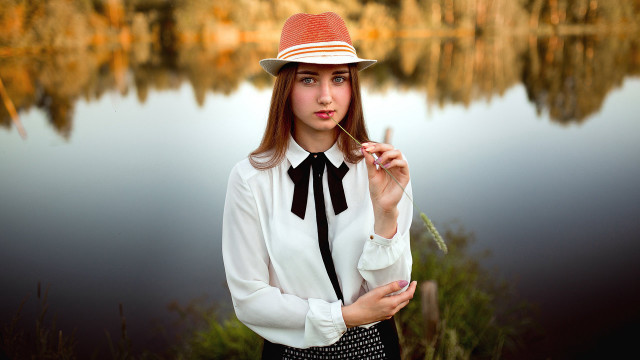 Lake portrait woman hat smoke free wallpaper - medium preview image