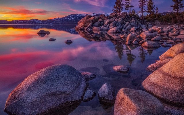 Lake rocks sunset mountains colorful free wallpaper - medium preview image