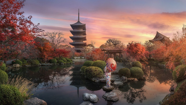 Rock pond pagoda sunset autumn free wallpaper - medium preview image